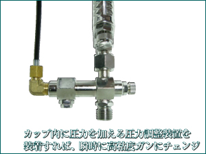 カップ内に圧力を加える圧力調整装置を装着すれば瞬時に高粘度ガンにチェンジ